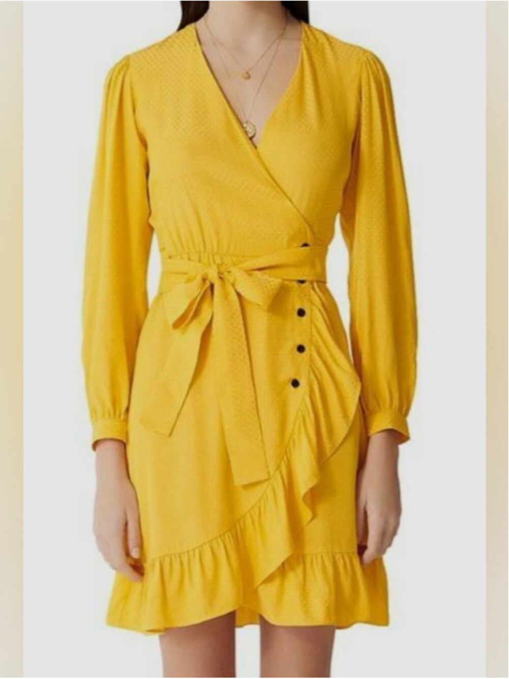 Maje Roseya yellow jacquard ruffled wrap dress